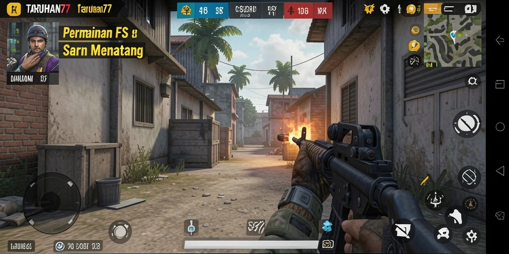 Screenshot TARUHAN77 memperlihatkan aksi pertempuran FPS yang intens.